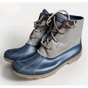 Sperry Saltwater Duck Boots Women 10 Navy Grey STS80525 Waterproof Rain Winter